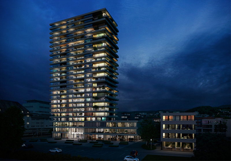 Der Helvetia Tower ist das markante Wahrzeichen des neu entstehenden Quartiers Vierfeld in Pratteln. Mit einer auffallenden horizontalen und vertikalen Gebäudegliederung erfüllt der Turm hohe gestalterische Anfoderungen